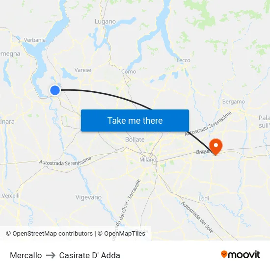 Mercallo to Casirate D' Adda map