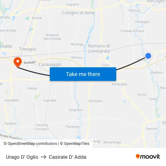 Urago D' Oglio to Casirate d'Adda map