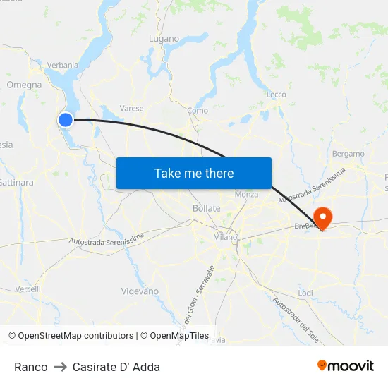 Ranco to Casirate D' Adda map
