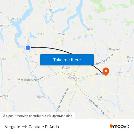 Vergiate to Casirate D' Adda map