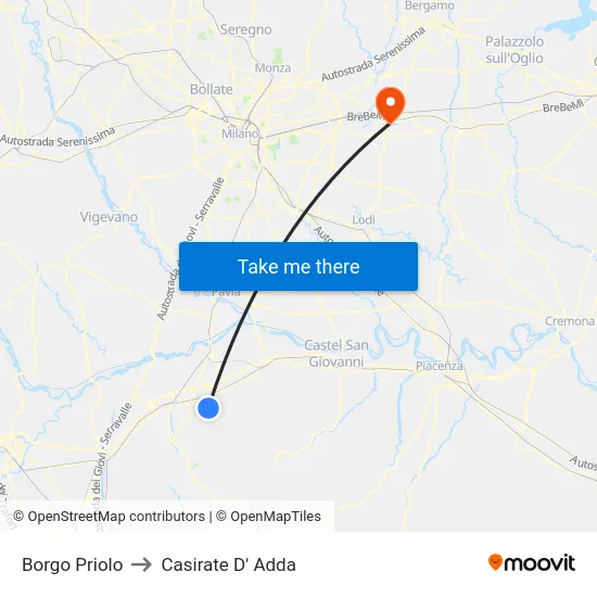 Borgo Priolo to Casirate D' Adda map