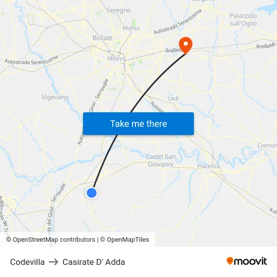 Codevilla to Casirate d'Adda map