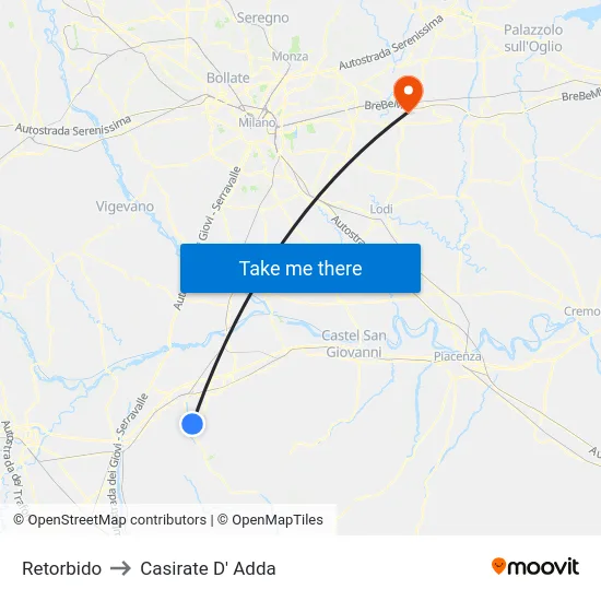 Retorbido to Casirate D' Adda map