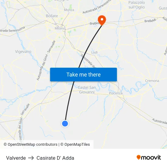 Valverde to Casirate D' Adda map