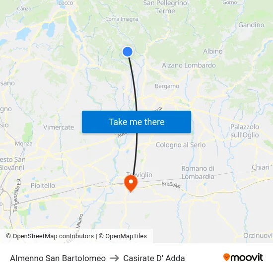 Almenno San Bartolomeo to Casirate D' Adda map