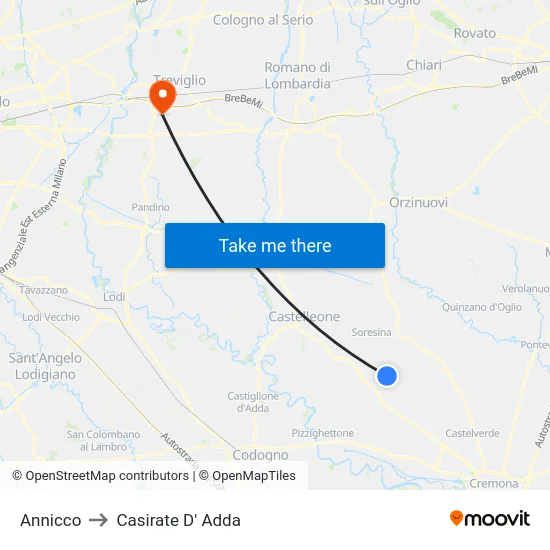 Annicco to Casirate D' Adda map