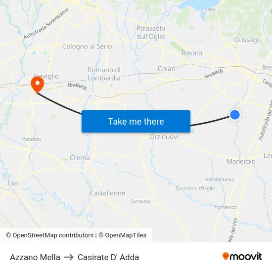 Azzano Mella to Casirate D' Adda map