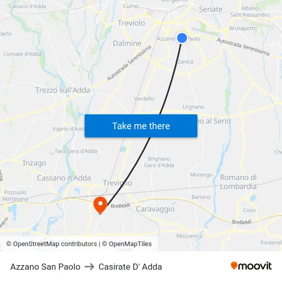 Azzano San Paolo to Casirate D' Adda map