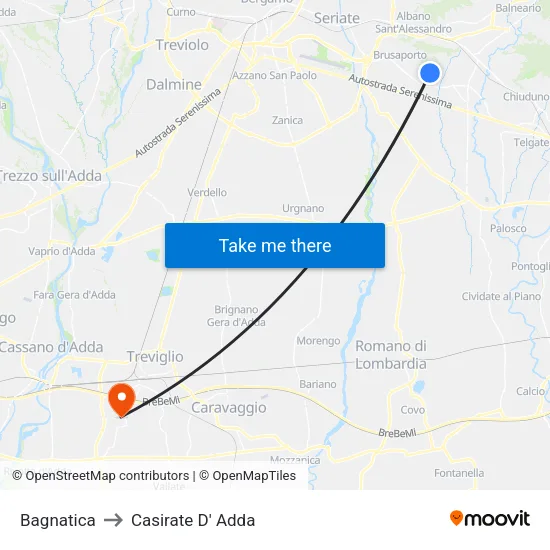 Bagnatica to Casirate D' Adda map