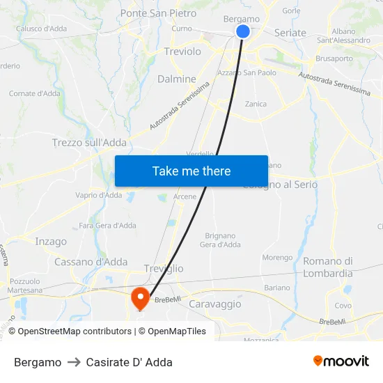 Bergamo to Casirate d'Adda map