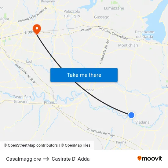 Casalmaggiore to Casirate D' Adda map