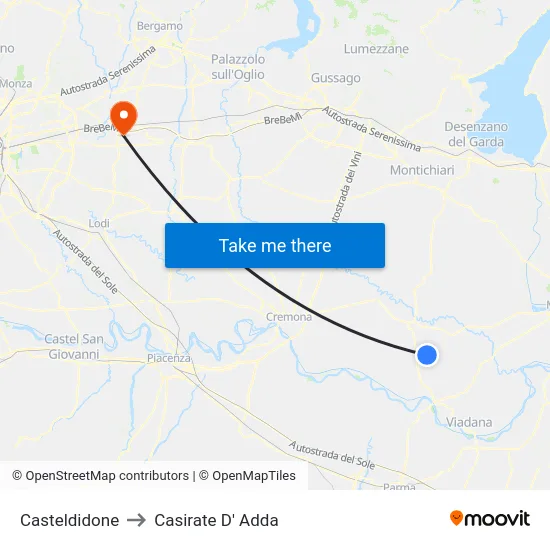 Casteldidone to Casirate d'Adda map