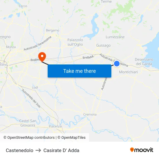 Castenedolo to Casirate D' Adda map