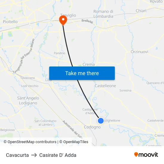 Cavacurta to Casirate D' Adda map