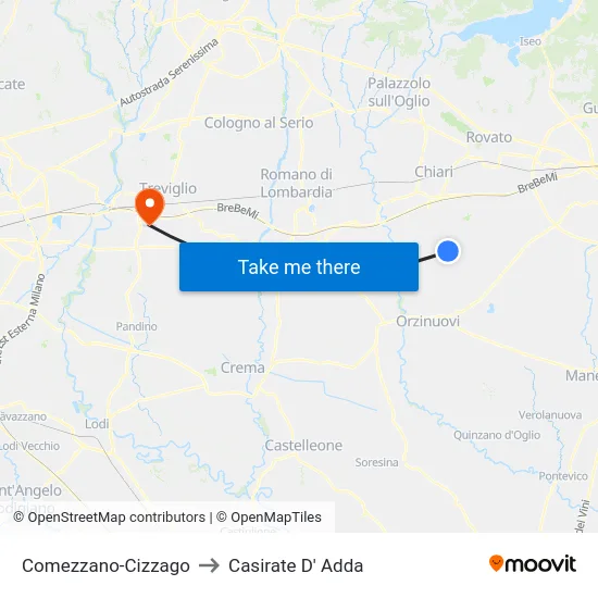 Comezzano-Cizzago to Casirate D' Adda map