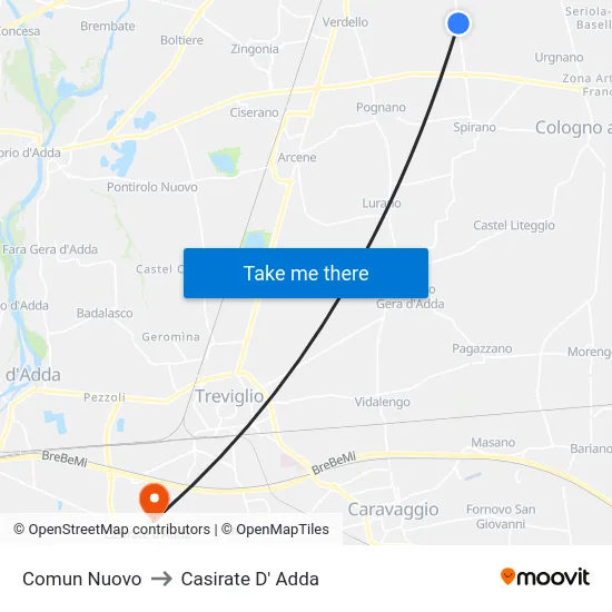 Comun Nuovo to Casirate D' Adda map