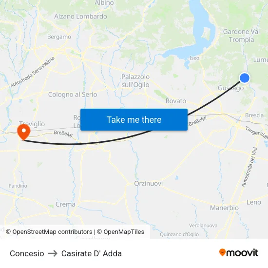 Concesio to Casirate D' Adda map