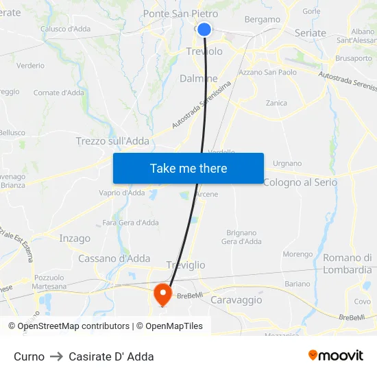 Curno to Casirate D' Adda map