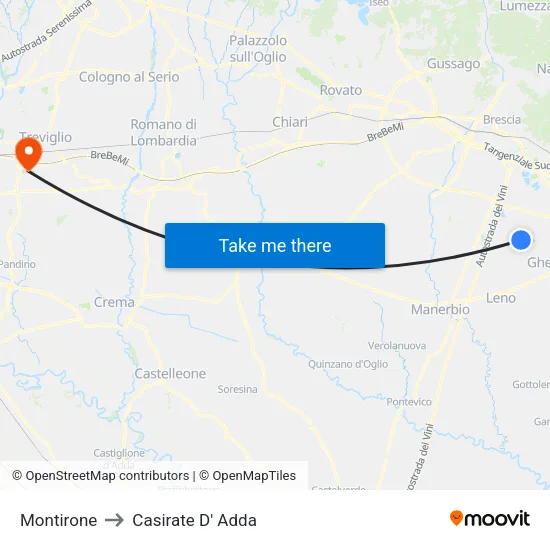 Montirone to Casirate D' Adda map
