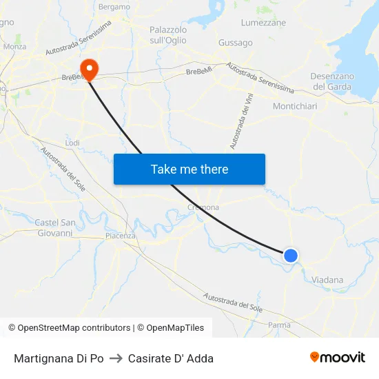 Martignana Di Po to Casirate D' Adda map