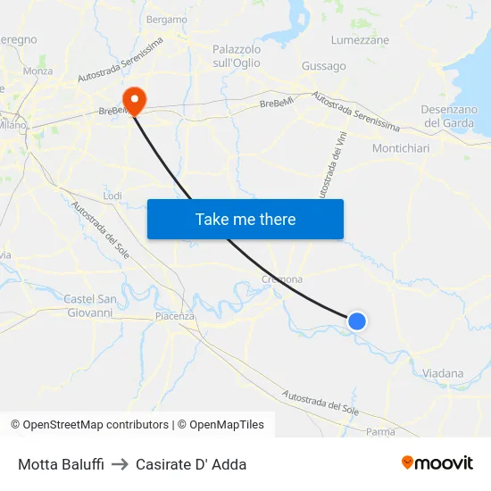 Motta Baluffi to Casirate D' Adda map