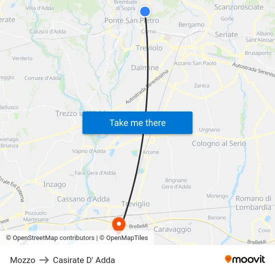 Mozzo to Casirate D' Adda map