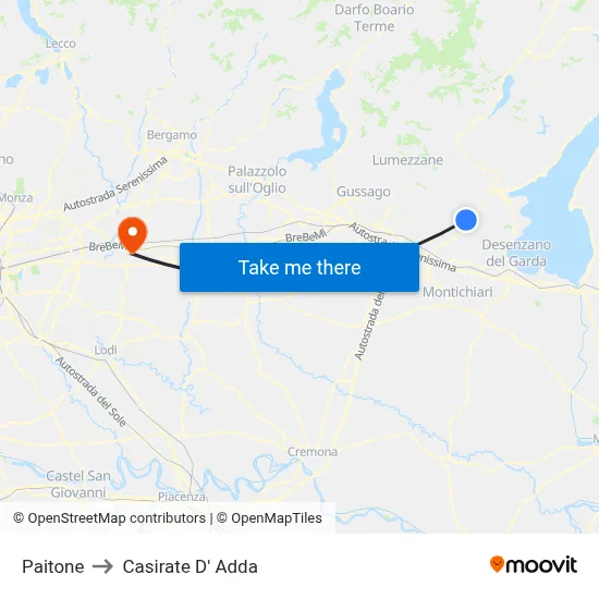 Paitone to Casirate d'Adda map