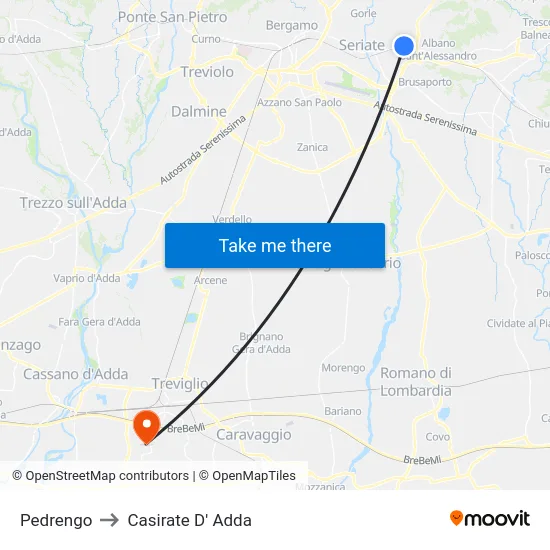 Pedrengo to Casirate D' Adda map