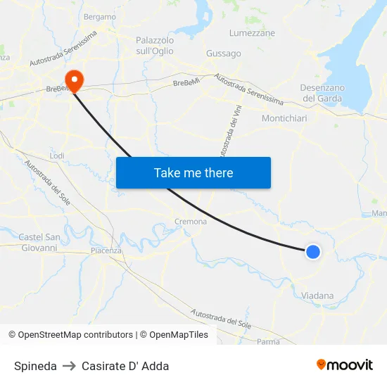 Spineda to Casirate d'Adda map