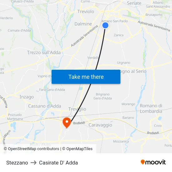 Stezzano to Casirate D' Adda map