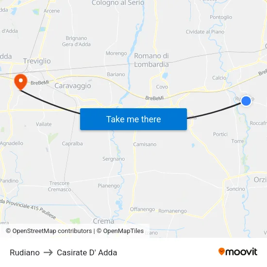 Rudiano to Casirate D' Adda map