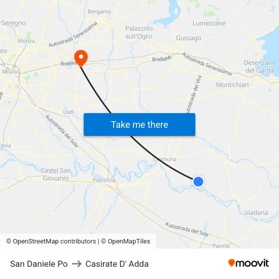 San Daniele Po to Casirate D' Adda map
