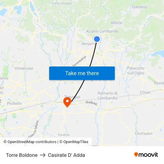 Torre Boldone to Casirate D' Adda map