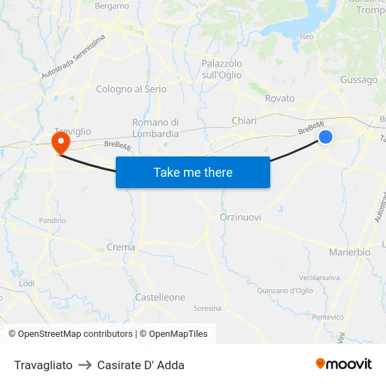 Travagliato to Casirate D' Adda map