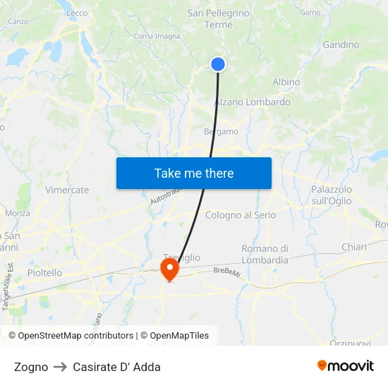 Zogno to Casirate D' Adda map
