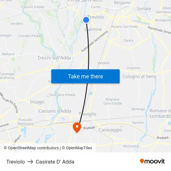 Treviolo to Casirate D' Adda map