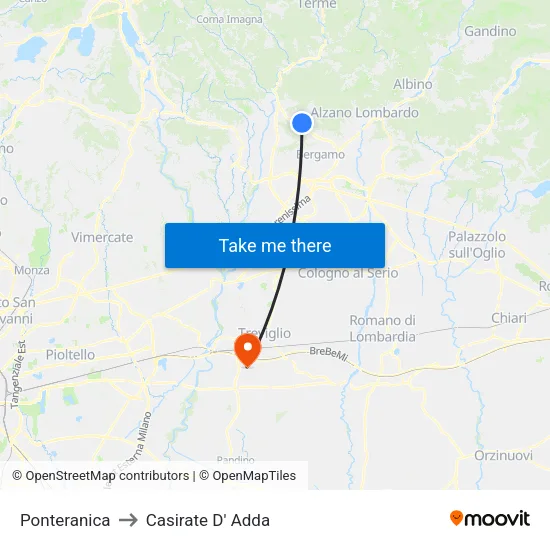 Ponteranica to Casirate D' Adda map