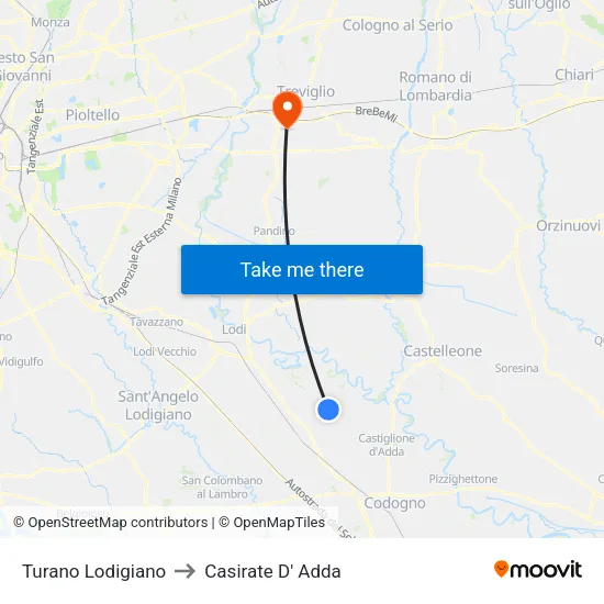 Turano Lodigiano to Casirate D' Adda map