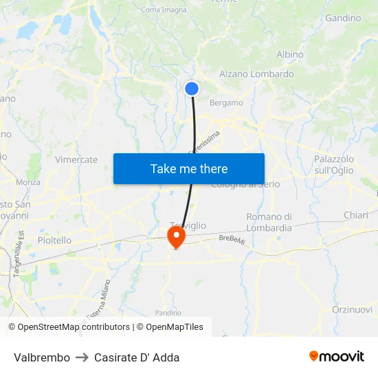 Valbrembo to Casirate D' Adda map