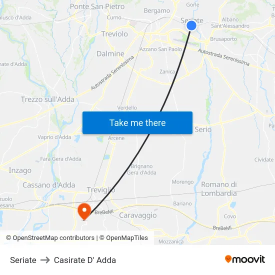 Seriate to Casirate D' Adda map