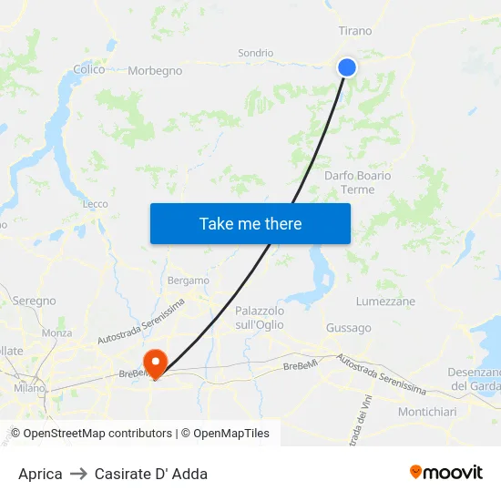 Aprica to Casirate D' Adda map