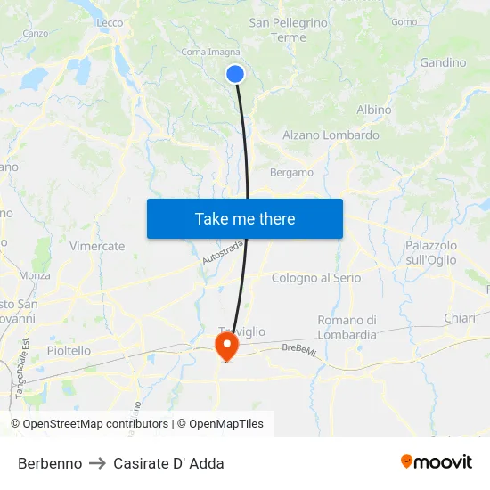 Berbenno to Casirate D' Adda map