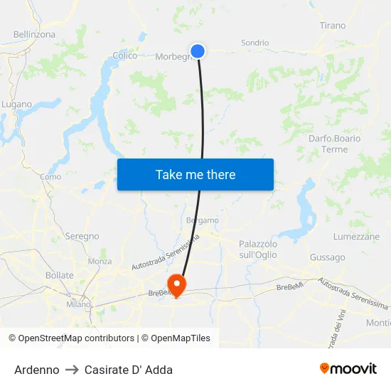 Ardenno to Casirate D' Adda map