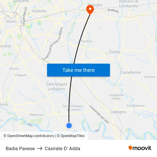 Badia Pavese to Casirate D' Adda map