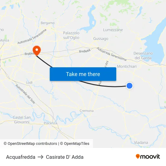 Acquafredda to Casirate D' Adda map
