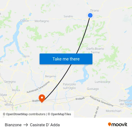 Bianzone to Casirate D' Adda map