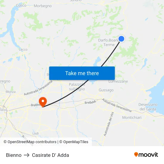 Bienno to Casirate D' Adda map