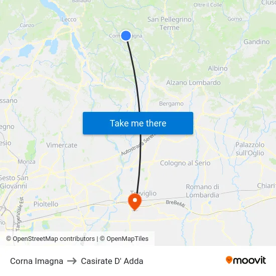 Corna Imagna to Casirate D' Adda map