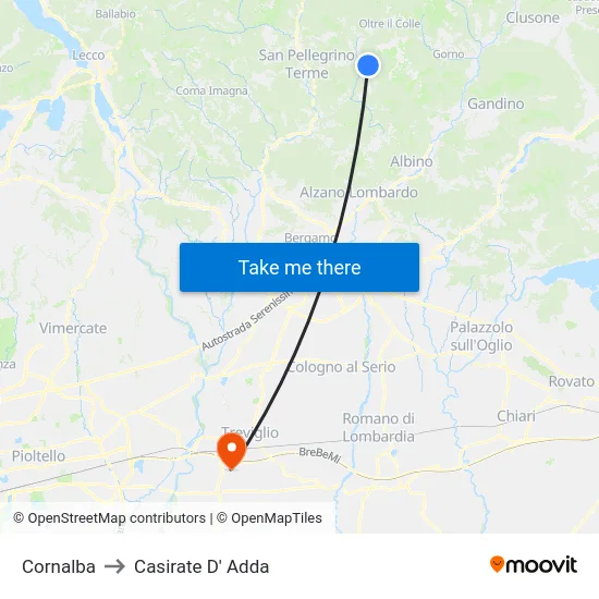Cornalba to Casirate D' Adda map
