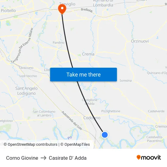 Corno Giovine to Casirate D' Adda map